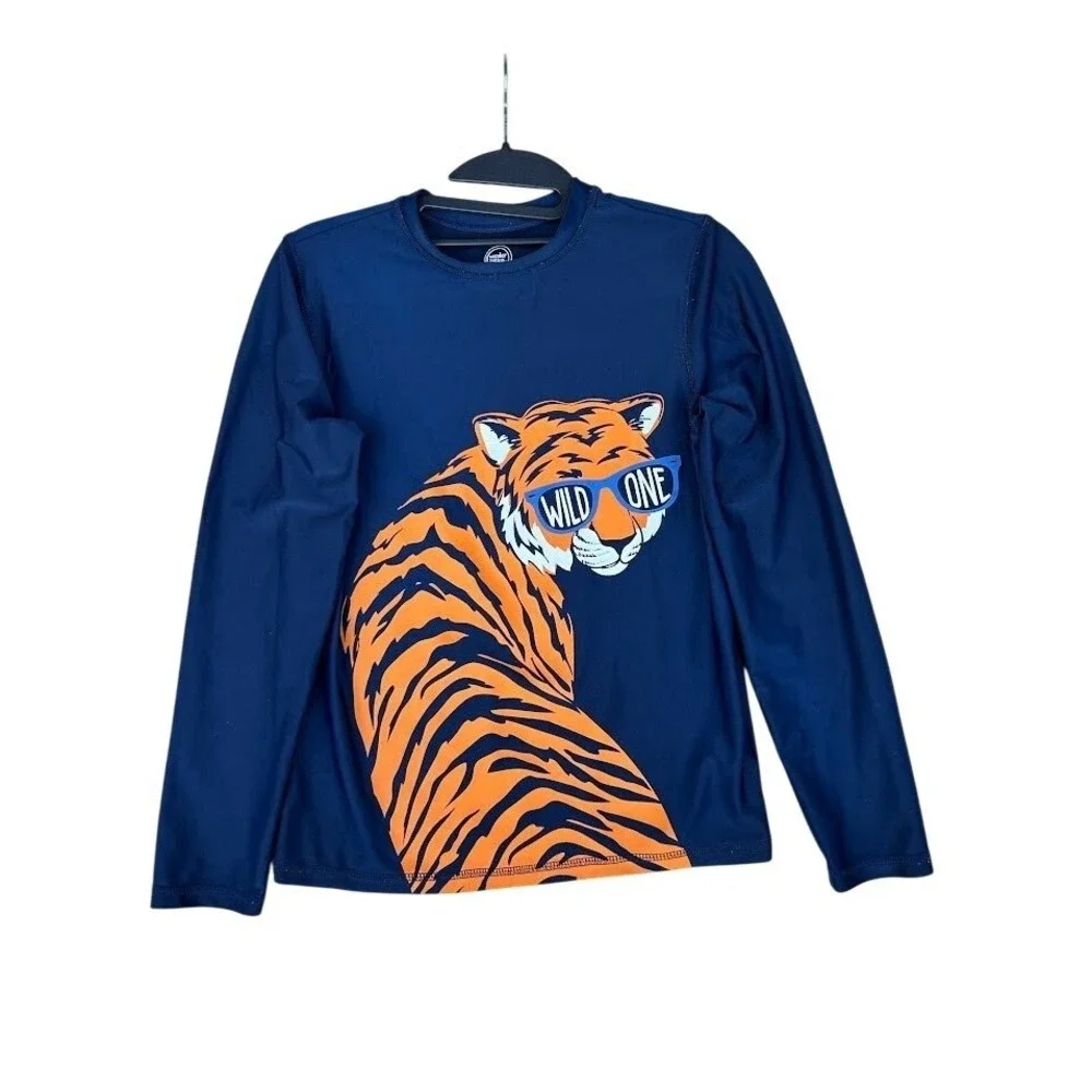 Wonder Nation Boys Navy Blue Tiger‎ Wild One Long Sleeve Rash Guard XL 14-16